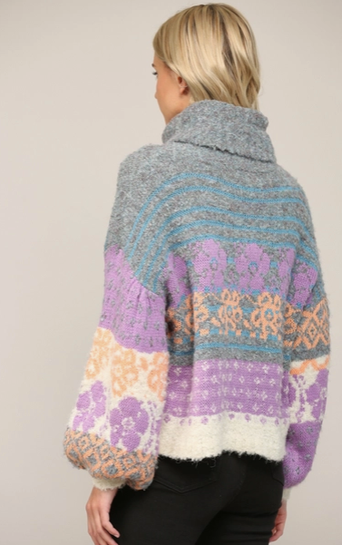 Floral Pattern Turtle Neck Fuzzy Sweater