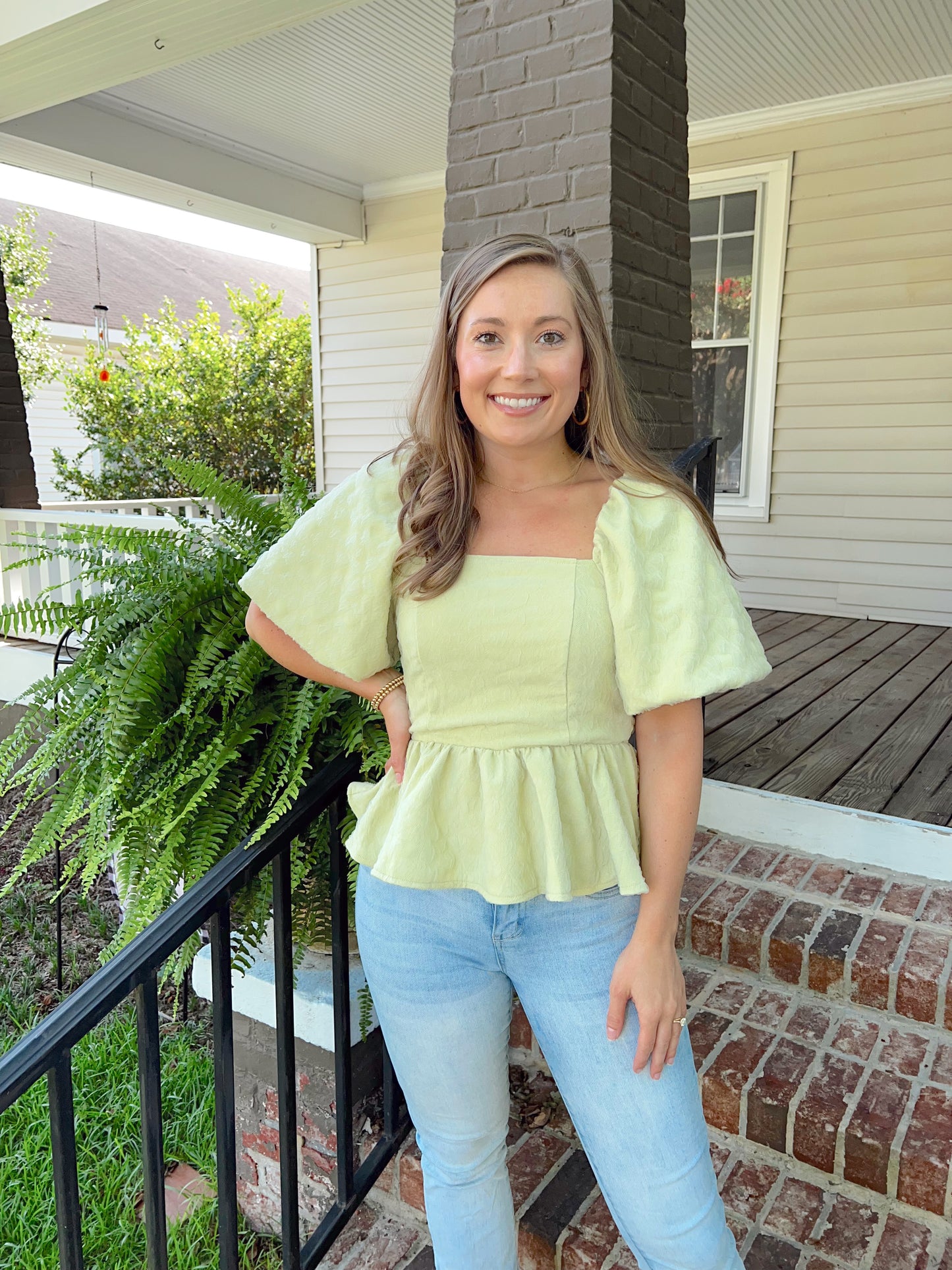 Balloon Sleeve Jacquard Top- Pistachio