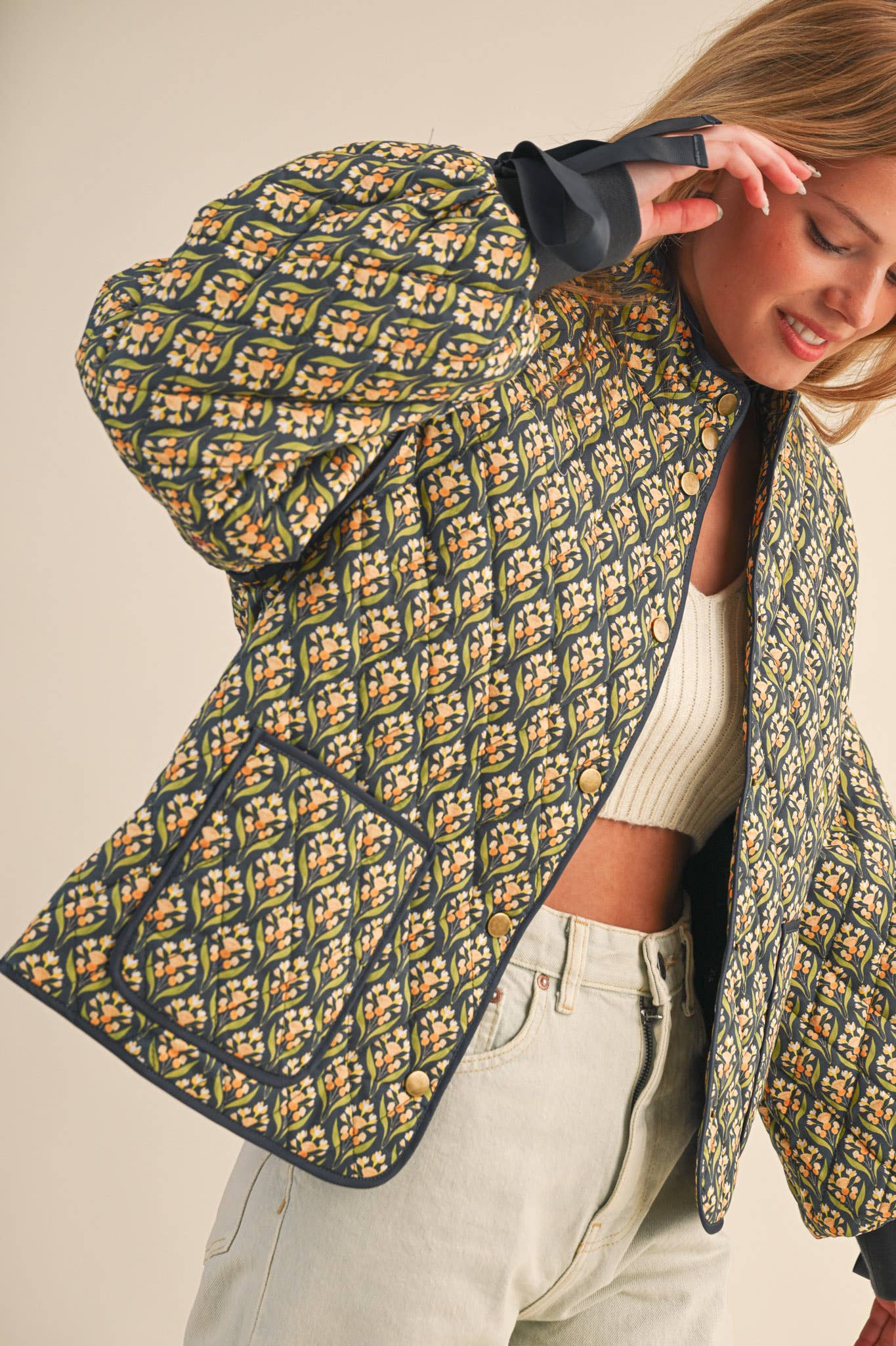FLORAL QUILTED JACKET WITH RIBBON SLEEVE DETAIL