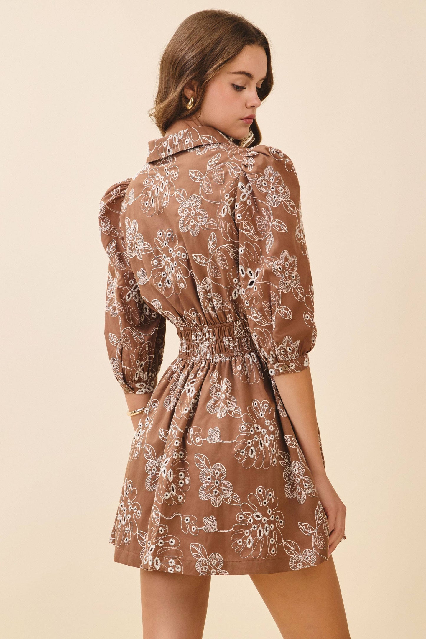 Floral Print Collared Neck Elastic Waist Dress