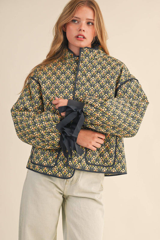 FLORAL QUILTED JACKET WITH RIBBON SLEEVE DETAIL