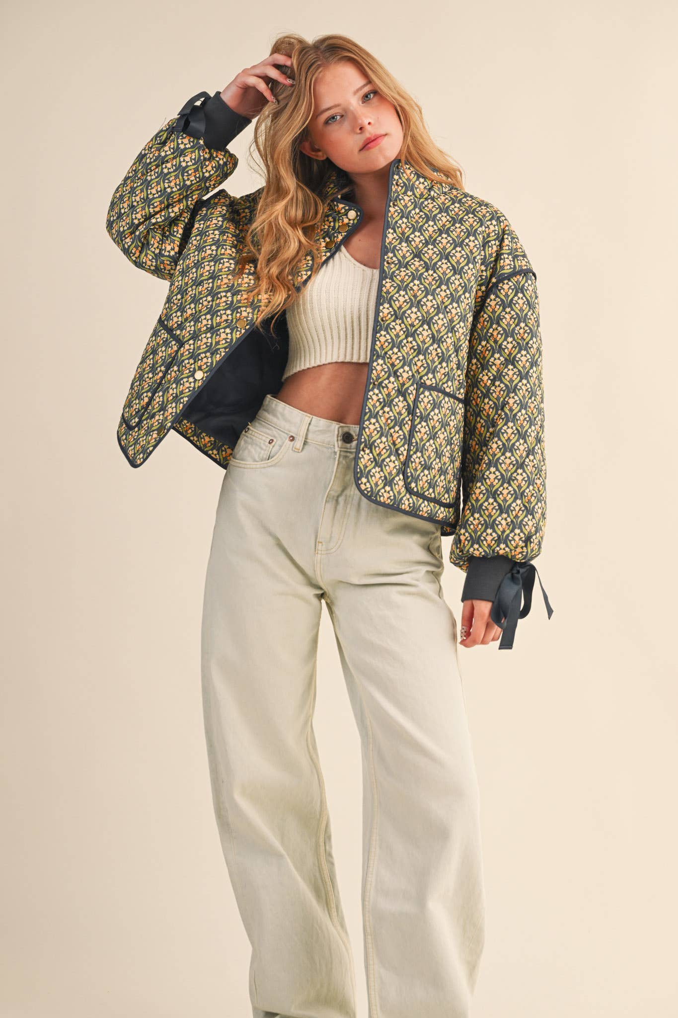 FLORAL QUILTED JACKET WITH RIBBON SLEEVE DETAIL
