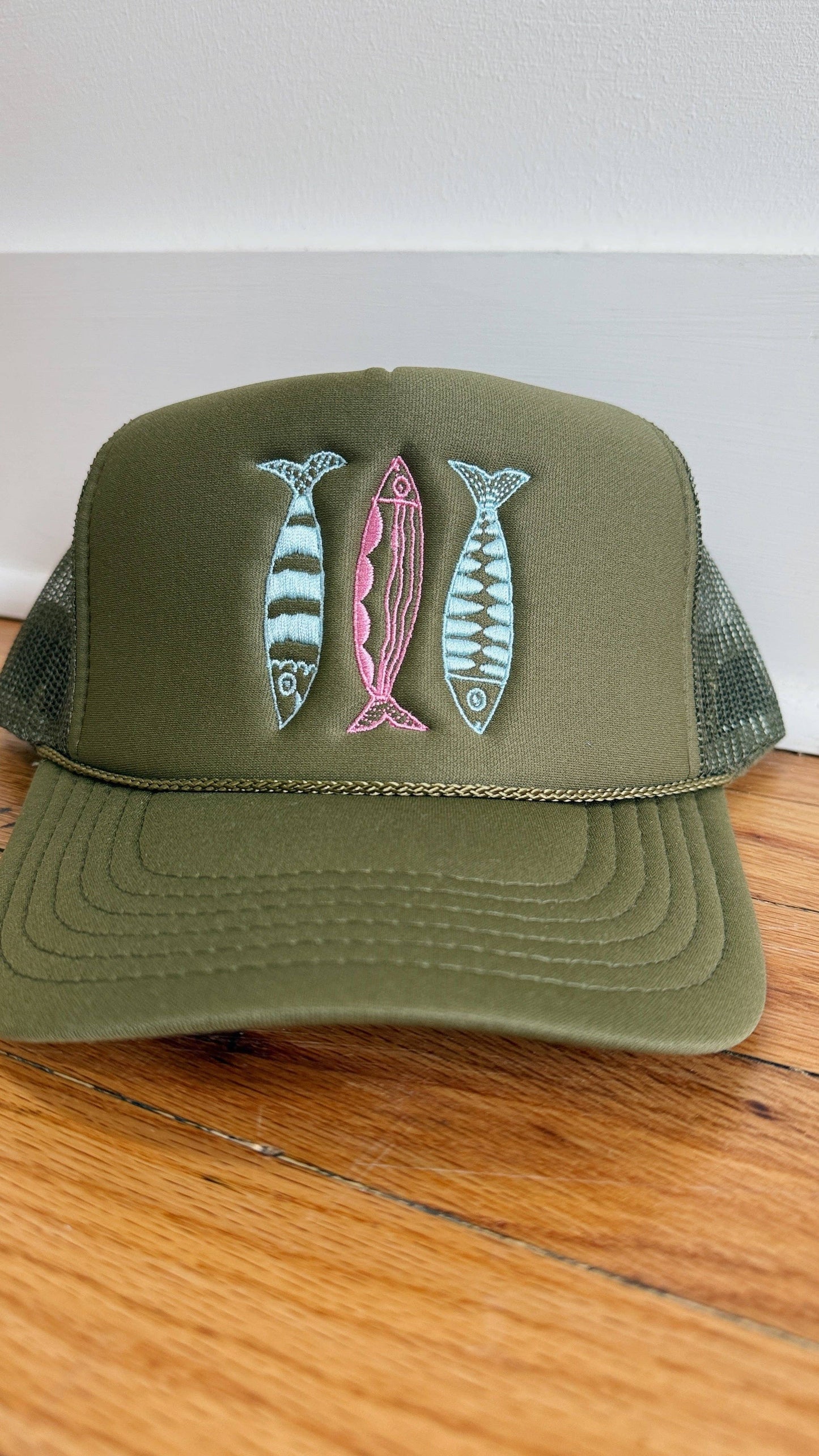 Sardine Hat: Olive hat | light blue + pink thread