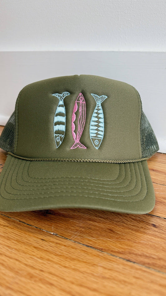 Sardine Hat: Olive hat | light blue + pink thread