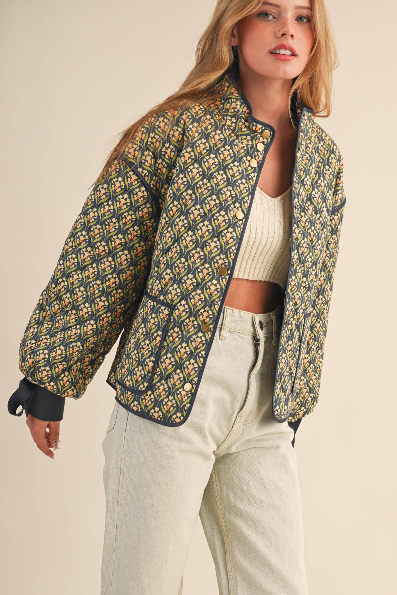 FLORAL QUILTED JACKET WITH RIBBON SLEEVE DETAIL